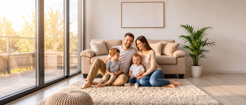 A family of four sitting together on a soft rug in front of the sofa in a bright living room, the parents smiling with their two young children between them