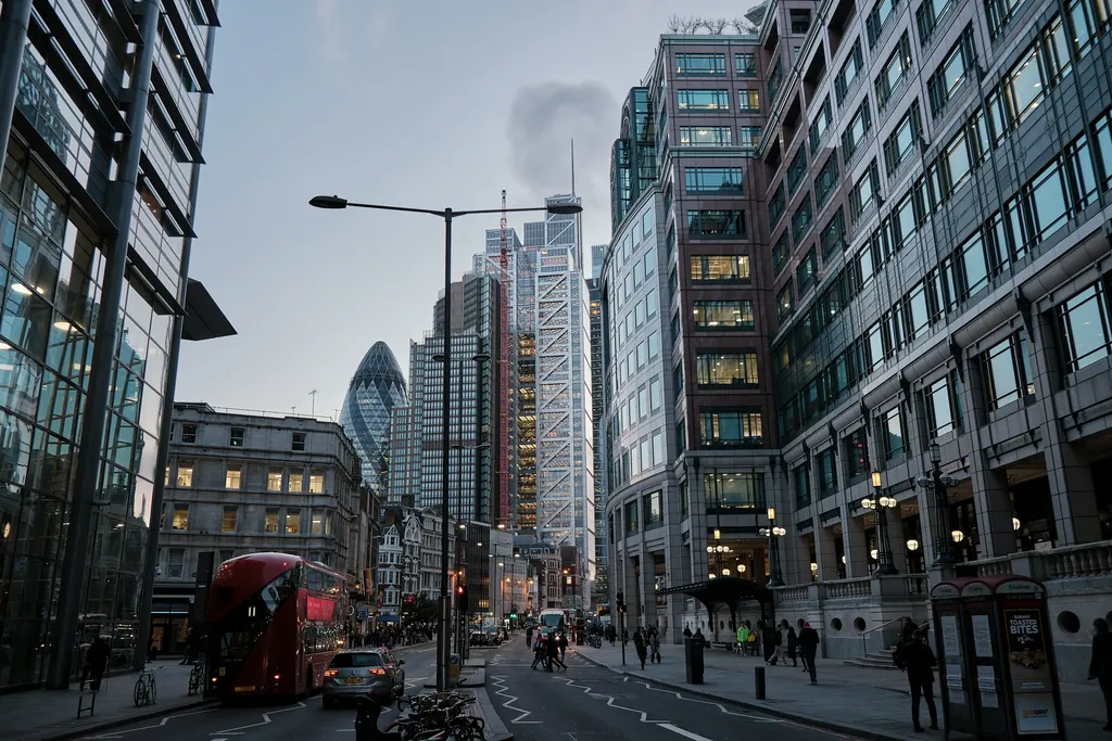 A London city street lined with tall buildings